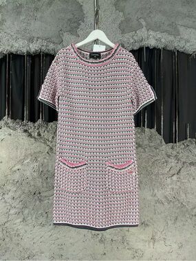 CHANEL Pink, White & Black Knit Short-Sleeve Mini Dress